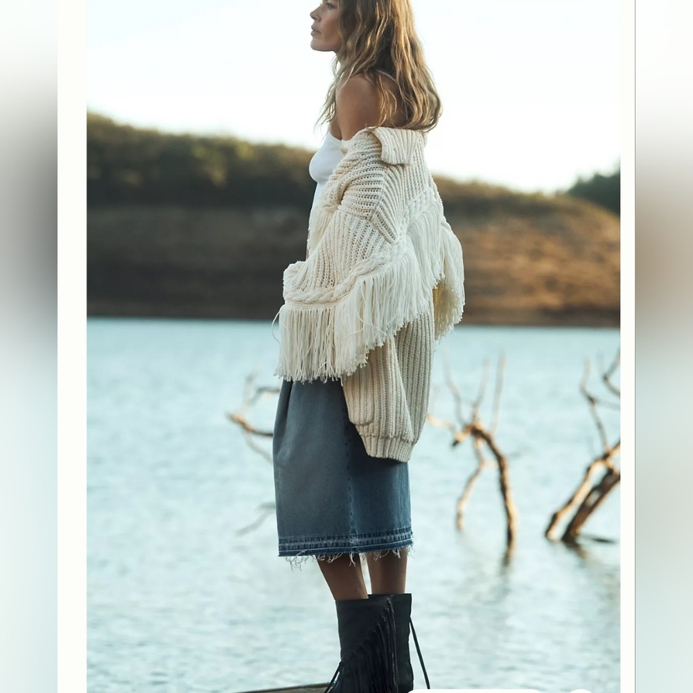 Fringed Open Front Chunky Knit Cardigan - Cream
